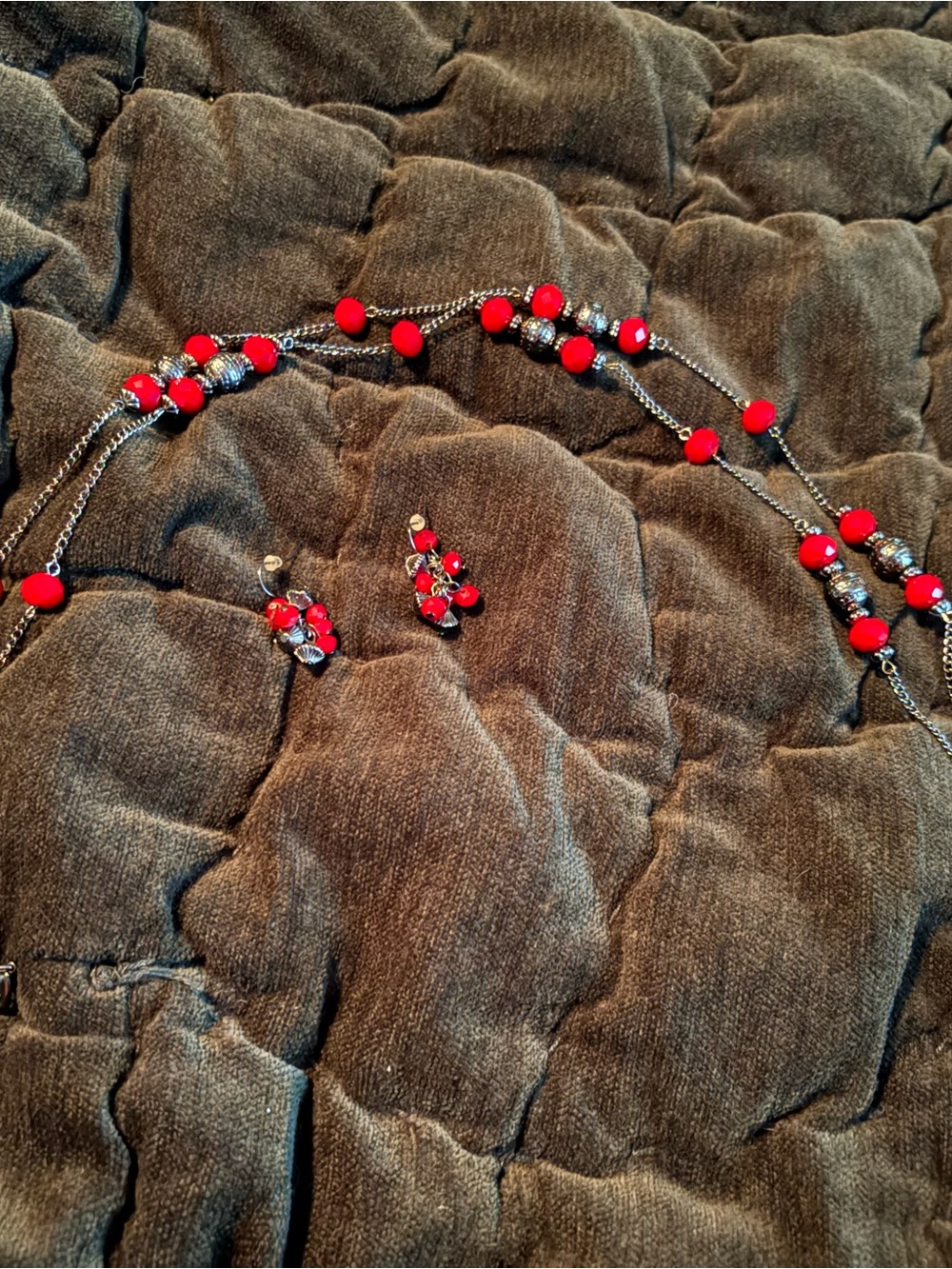Red Bead Double-Strand Necklace and Earrings Set